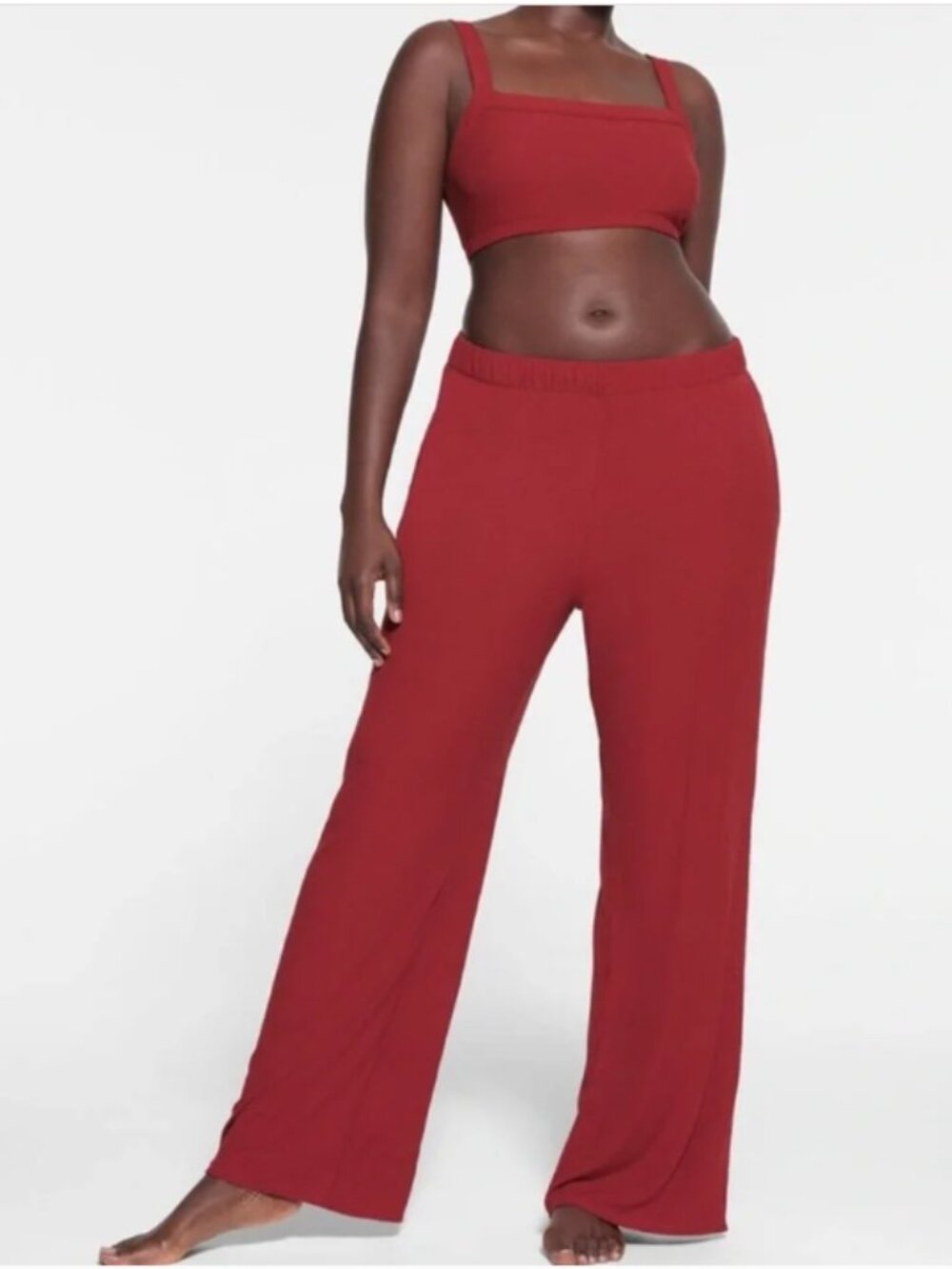 NWT SKIMS Soft Lounge Wide Leg Ribbed Pants Brick Red Crimson Size XL